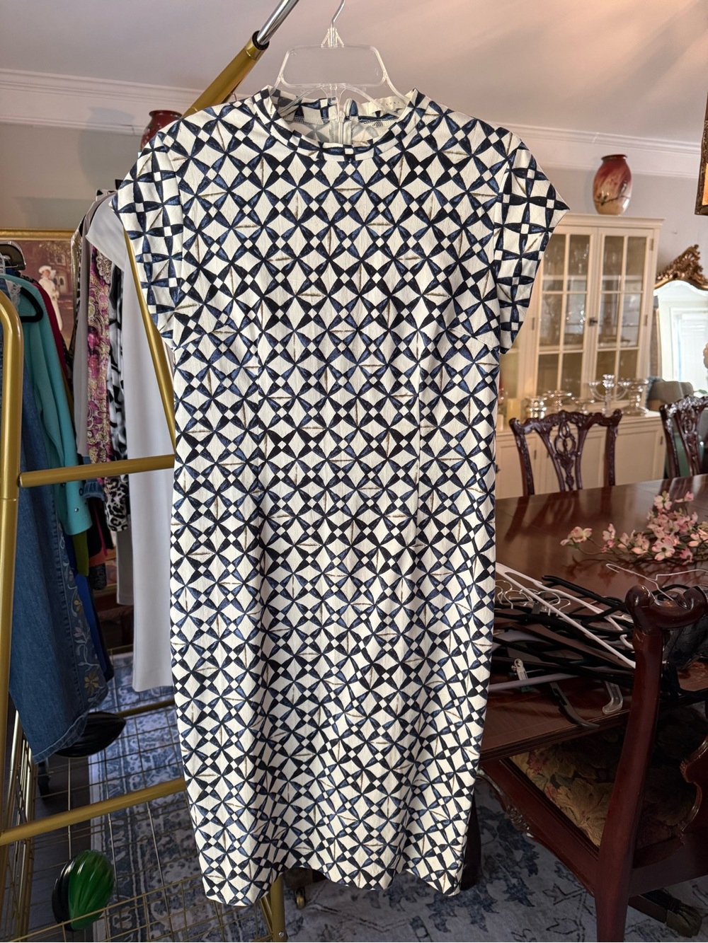 Women's Navy & White Geometric Asymmetrical Dress